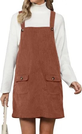 luvamia Corduroy Overall Dress for Women Adjustable Straps Casual Fashion Overalls Pinafore Short Dresses with Pockets