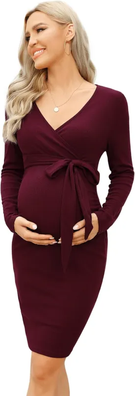 Maternity Ribbed Knit Long Sleeve Wrap V Neck Bodycon Fall Casual Sweater Mini Dress Baby Shower Photoshoot with Belt