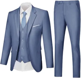 Mens 3 Piece Slim Fit Suit Set, 2 Button Solid Blazer Jacket Vest Pants Business Tuxedo