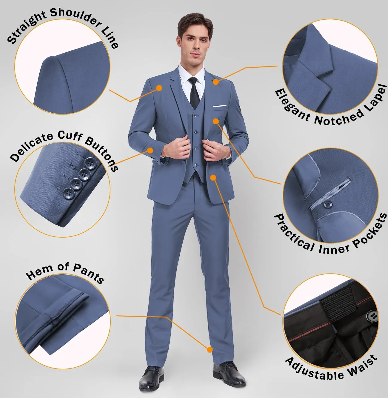 Mens 3 Piece Slim Fit Suit Set, 2 Button Solid Blazer Jacket Vest Pants Business Tuxedo