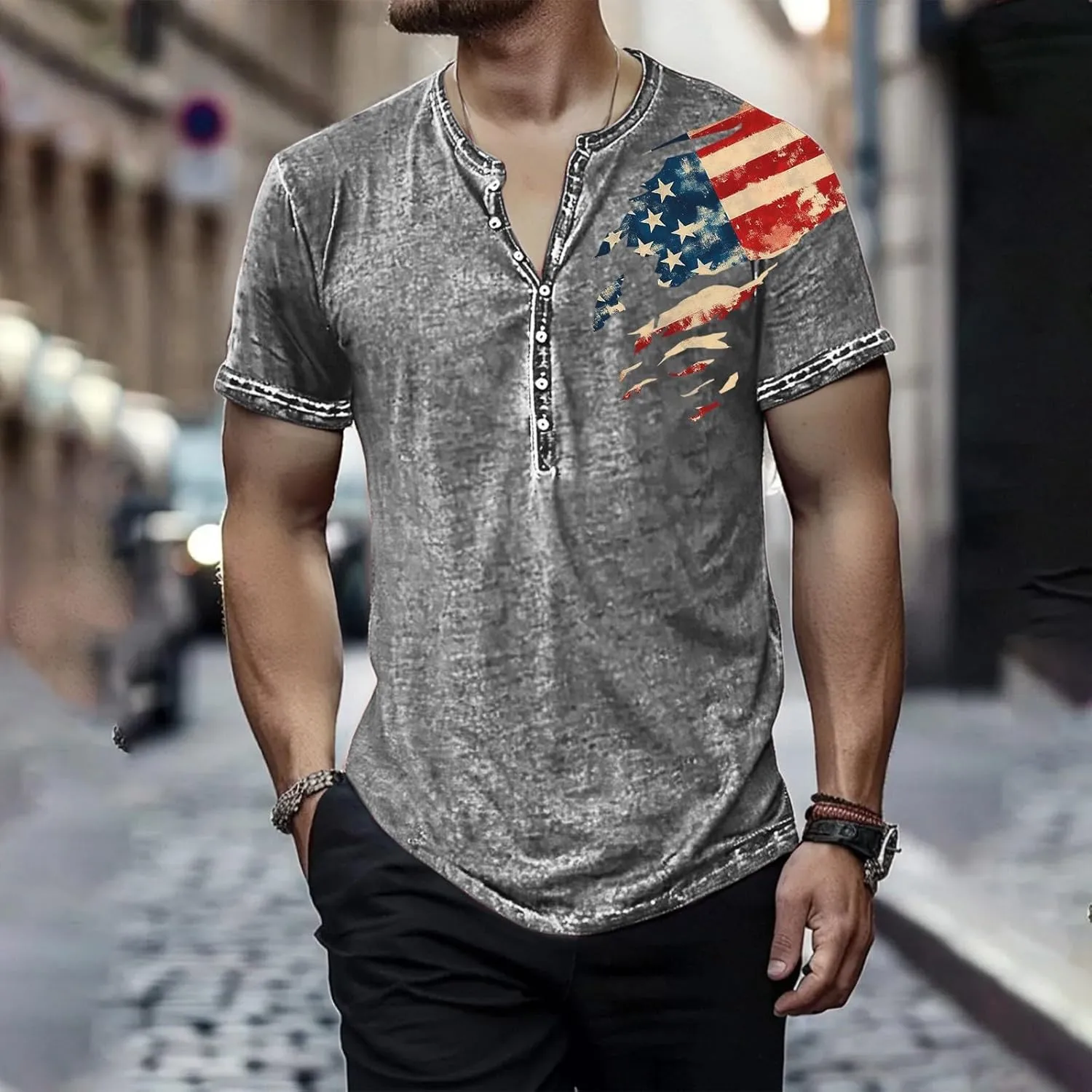 Mens Cotton Henley Shirts Short Sleeve Casual Muscle Gym Slim Fit T-Shirts Summer Button Mens USA Shirt