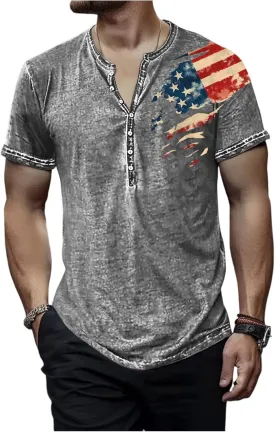 Mens Cotton Henley Shirts Short Sleeve Casual Muscle Gym Slim Fit T-Shirts Summer Button Mens USA Shirt