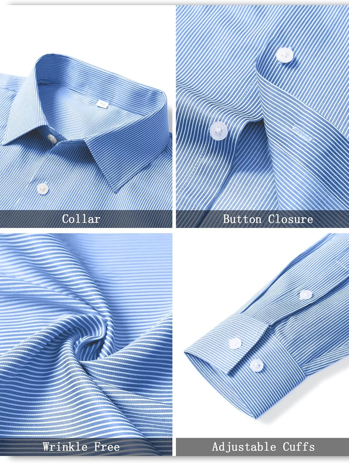 Mens Grade 4 Wrinkle-Resistant Pinstripe Dress Shirts Regular Fit Long Sleeve Button Down Shirts