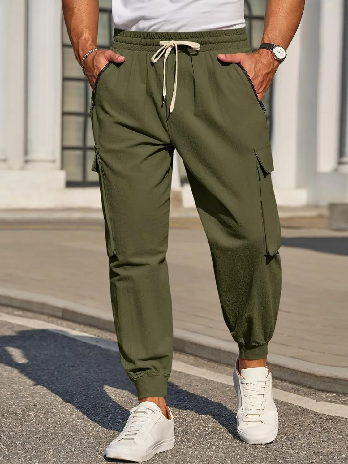 Men's Joggers Pants Casual Baggy Cotton Drawstring Tapered Sweatpants Cargo Hippie Loose Fit Trousers with Multi-Pocket