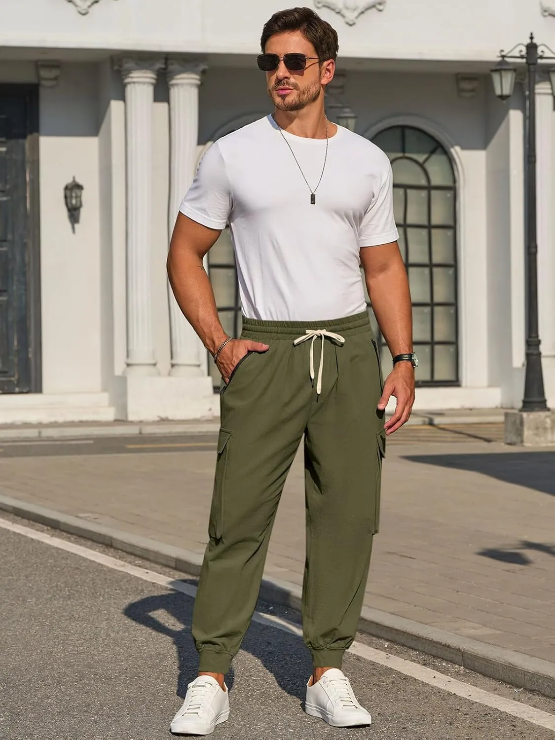 Men's Joggers Pants Casual Baggy Cotton Drawstring Tapered Sweatpants Cargo Hippie Loose Fit Trousers with Multi-Pocket