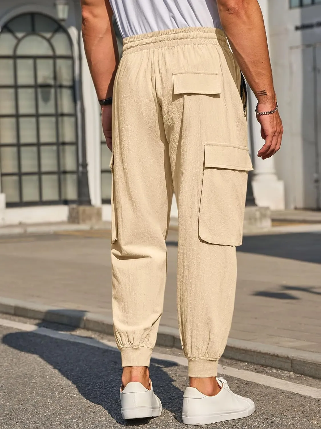 Men's Joggers Pants Casual Baggy Cotton Drawstring Tapered Sweatpants Cargo Hippie Loose Fit Trousers with Multi-Pocket