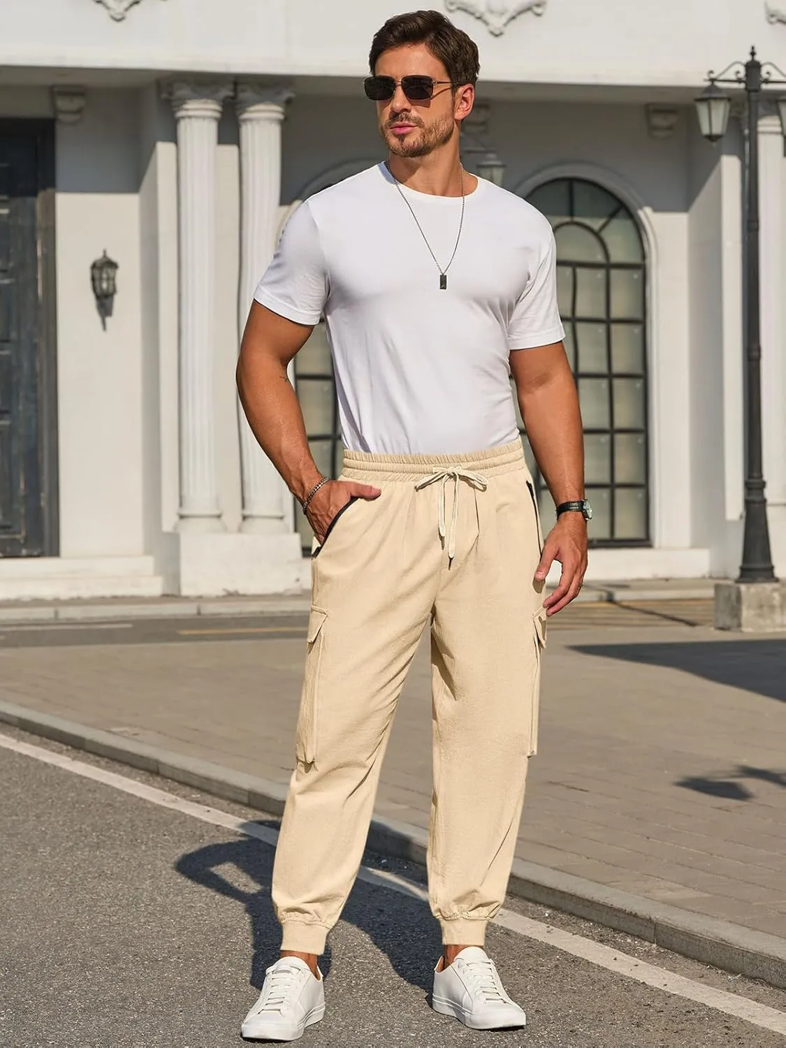 Men's Joggers Pants Casual Baggy Cotton Drawstring Tapered Sweatpants Cargo Hippie Loose Fit Trousers with Multi-Pocket