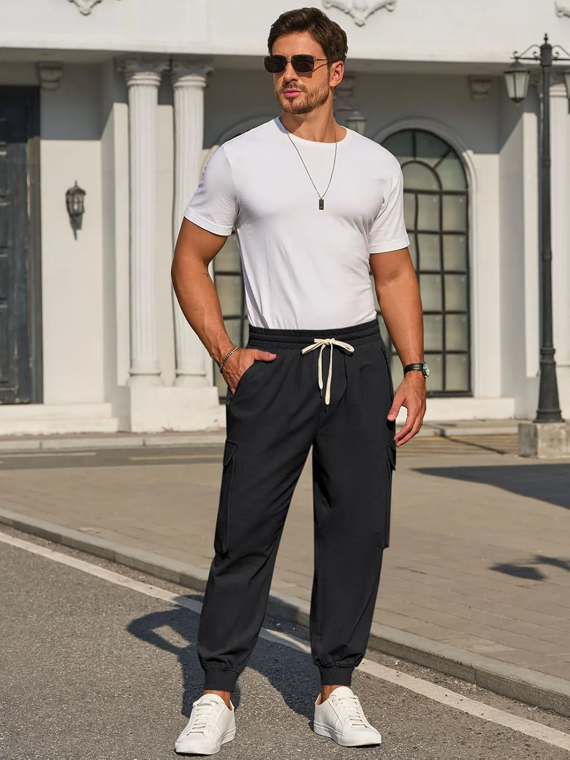 Men's Joggers Pants Casual Baggy Cotton Drawstring Tapered Sweatpants Cargo Hippie Loose Fit Trousers with Multi-Pocket