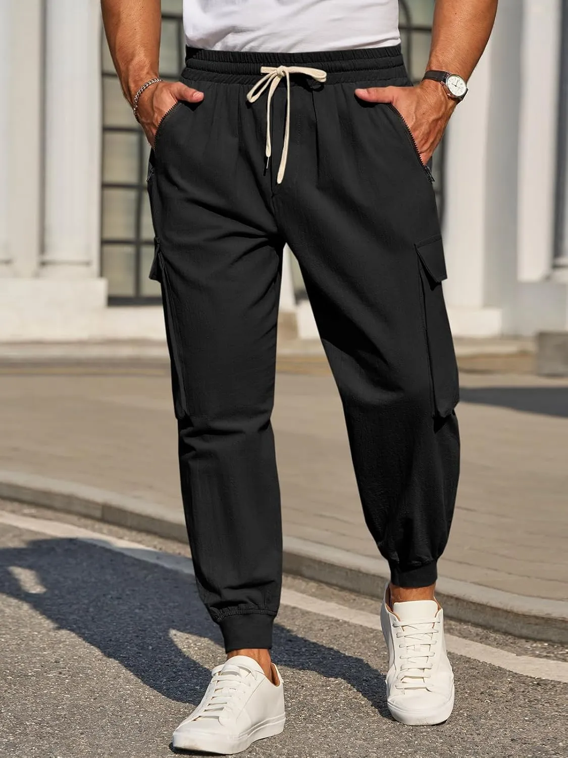 Men's Joggers Pants Casual Baggy Cotton Drawstring Tapered Sweatpants Cargo Hippie Loose Fit Trousers with Multi-Pocket