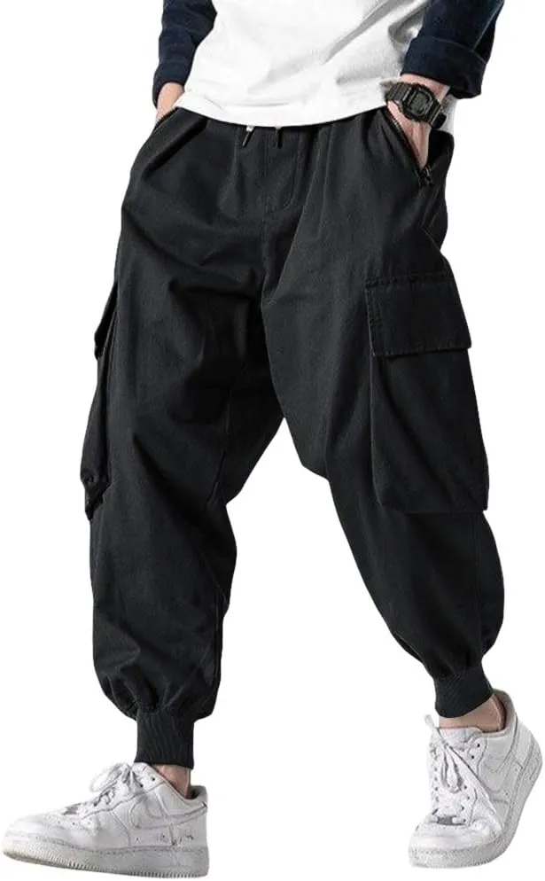 Men's Joggers Pants Casual Baggy Cotton Drawstring Tapered Sweatpants Cargo Hippie Loose Fit Trousers with Multi-Pocket