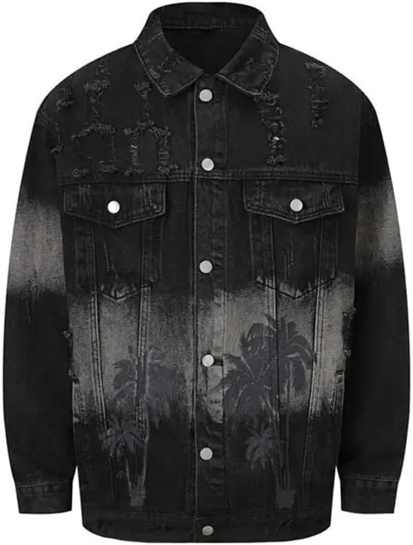 Men's Ripped Oversized Hip Hop Jacket Streetwear Loose Fit Denim Coat Distressed Streetwear Outerwear