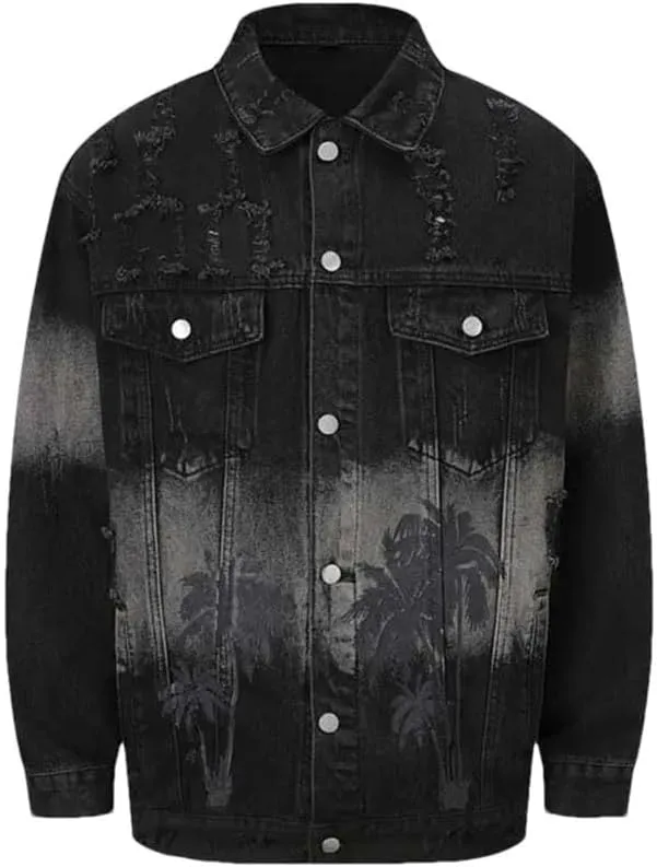 Men's Ripped Oversized Hip Hop Jacket Streetwear Loose Fit Denim Coat Distressed Streetwear Outerwear