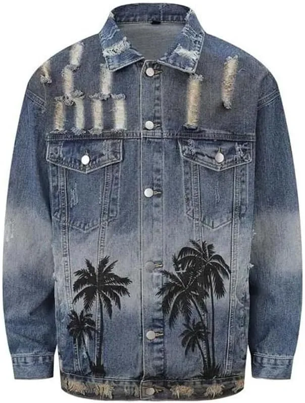 Men's Ripped Oversized Hip Hop Jacket Streetwear Loose Fit Denim Coat Distressed Streetwear Outerwear
