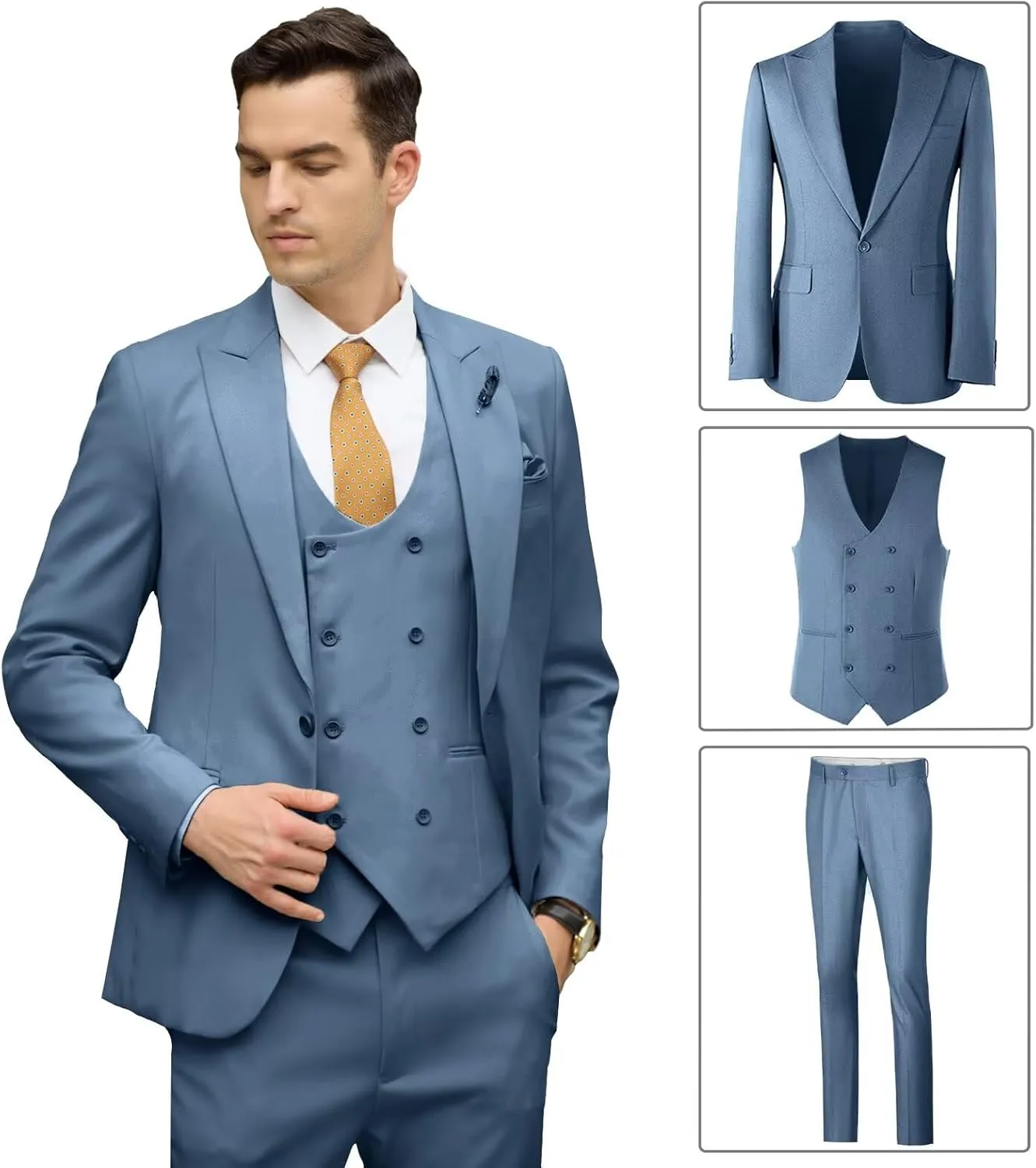Mens Suit Slim Fit 3 Piece Double Breasted Suit Men Formal Tuxedo Set Casual Wedding Prom Groom Suits