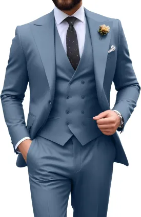 Mens Suit Slim Fit 3 Piece Double Breasted Suit Men Formal Tuxedo Set Casual Wedding Prom Groom Suits