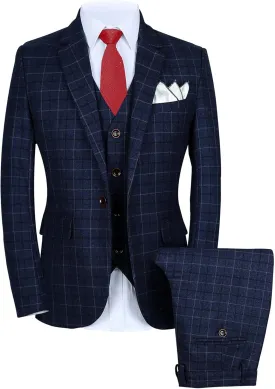 MOGU Mens 3-Piece Slim Fit Plaid Suit - Blazer, Vest, and Pants Set for Wedding, Prom, and Business