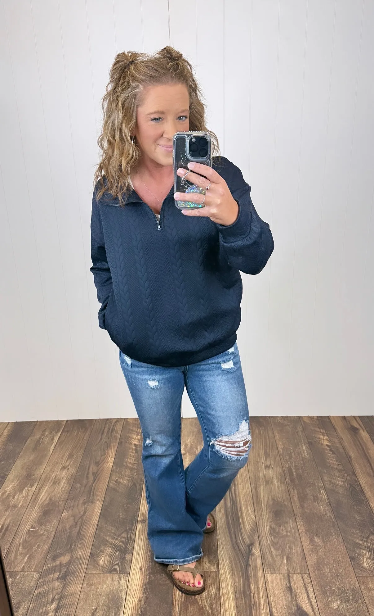 Navy Blue Textured 1/2 Zip Pullover (SM-XL)
