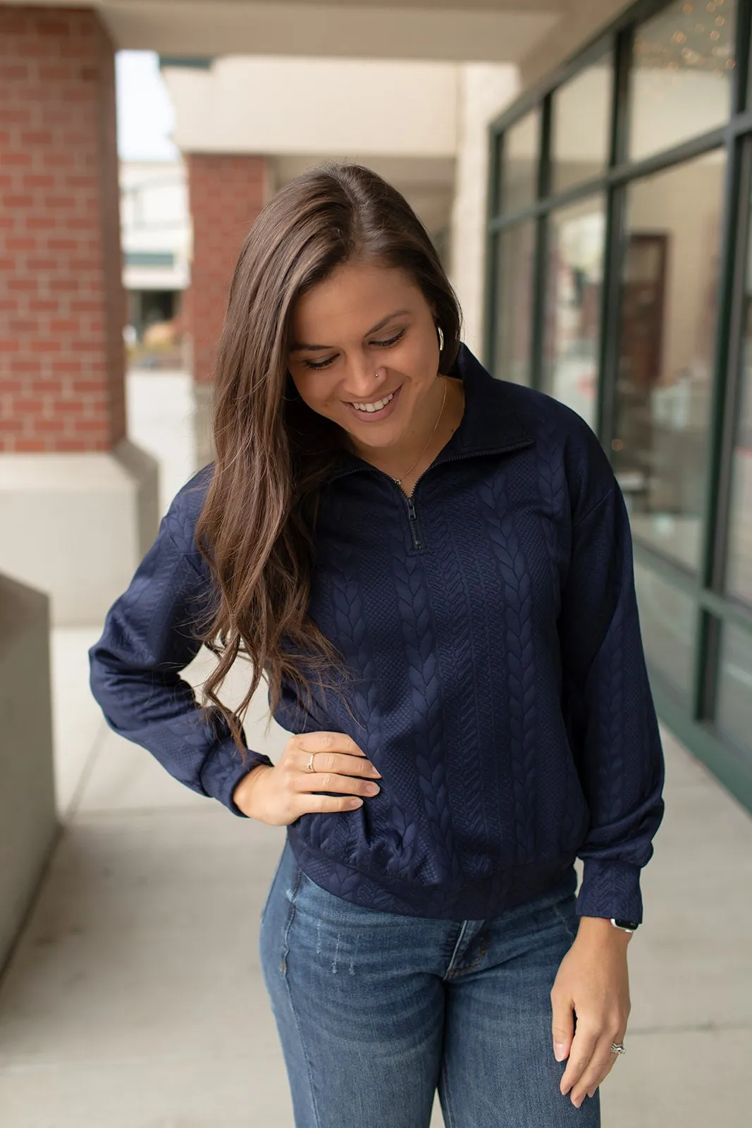 Navy Blue Textured 1/2 Zip Pullover (SM-XL)