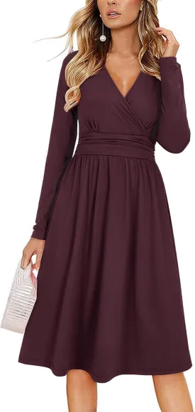 OUGES Women's Fall Winter Dresses for Women 2024 Long Sleeve V Neck Work Outfits with Pockets