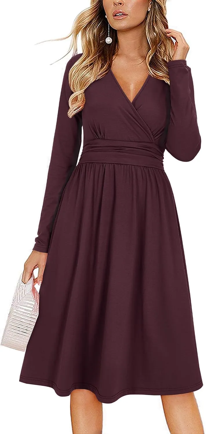 OUGES Women's Fall Winter Dresses for Women 2024 Long Sleeve V Neck Work Outfits with Pockets