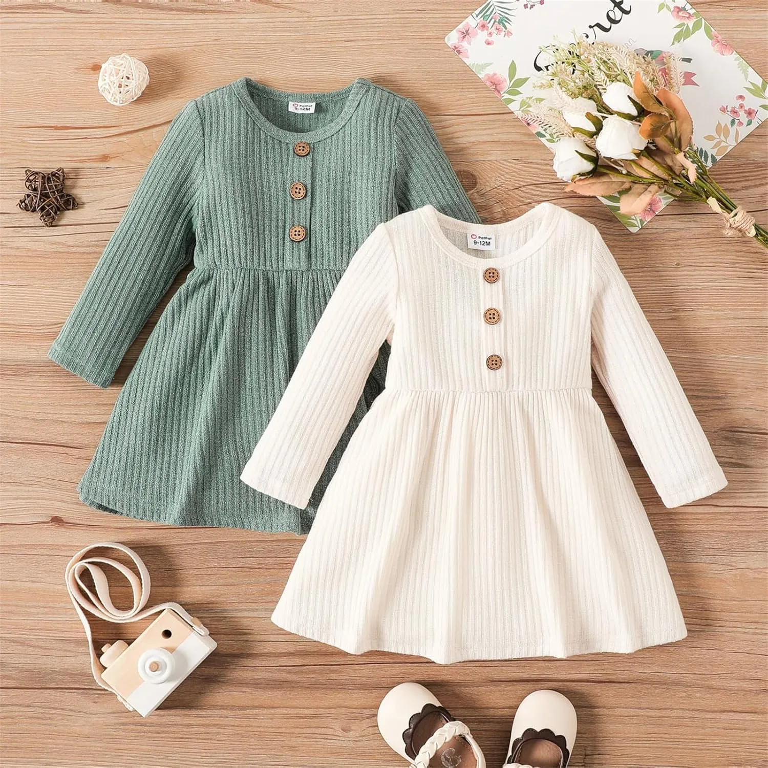 PATPAT Baby Toddler Girl Dresses Infant Sleeveless Summer Tank Dress Sundress Long Sleeve Fall Dress Rib Knit with Headband