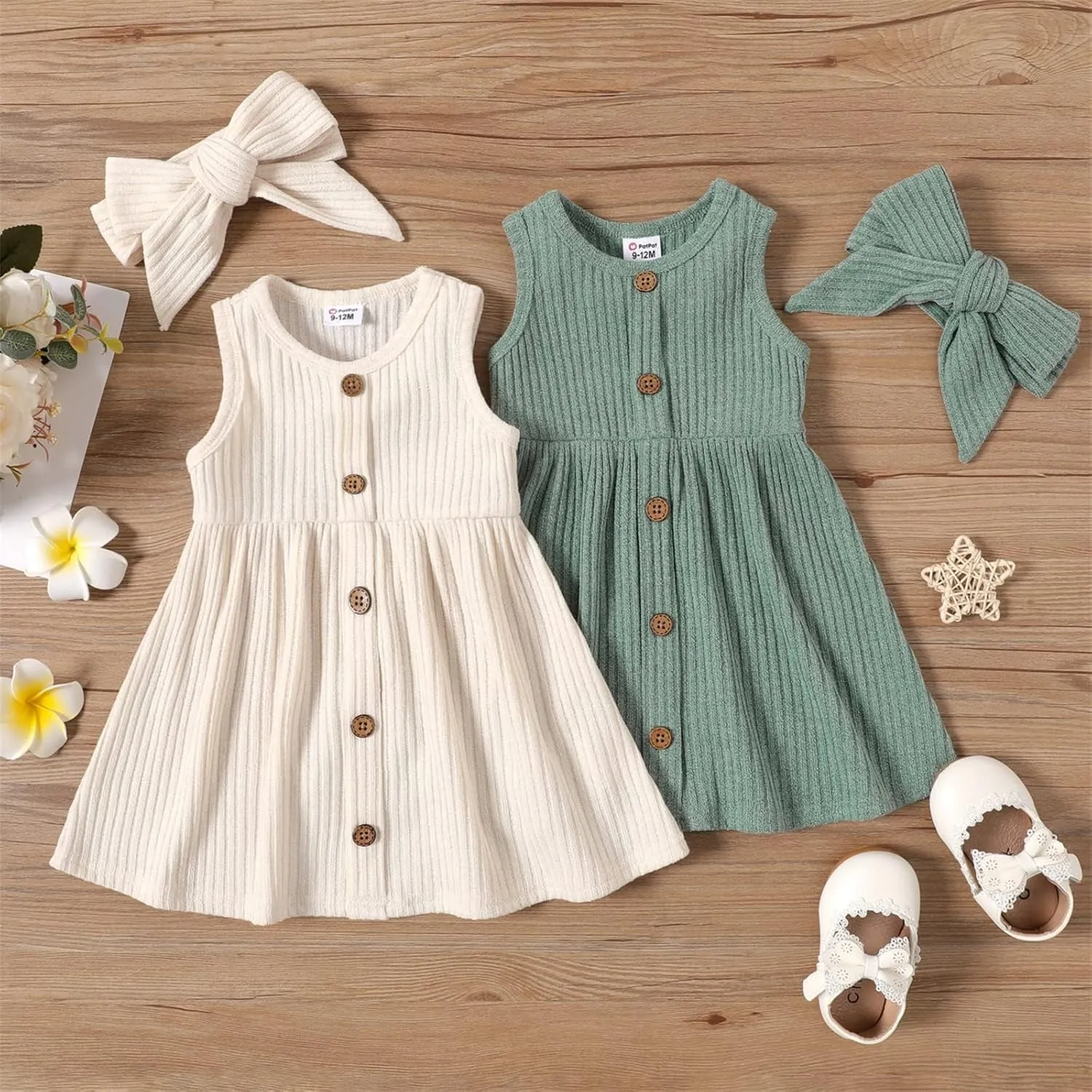 PATPAT Baby Toddler Girl Dresses Infant Sleeveless Summer Tank Dress Sundress Long Sleeve Fall Dress Rib Knit with Headband
