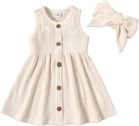 PATPAT Baby Toddler Girl Dresses Infant Sleeveless Summer Tank Dress Sundress Long Sleeve Fall Dress Rib Knit with Headband