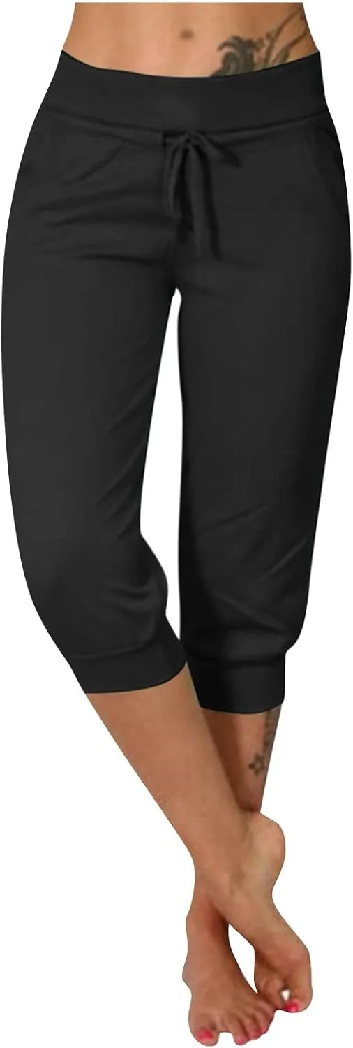 Plus Size Capris for Women Drawstring High Waisted Athletic Capri Joggers Cinch Bottom Yoga Sweatpants with Pockets