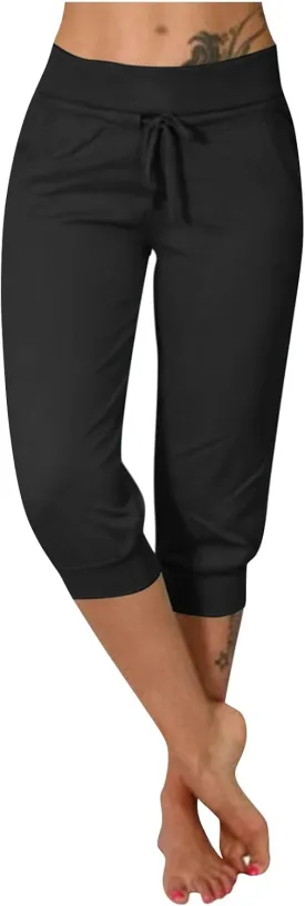 Plus Size Capris for Women Drawstring High Waisted Athletic Capri Joggers Cinch Bottom Yoga Sweatpants with Pockets