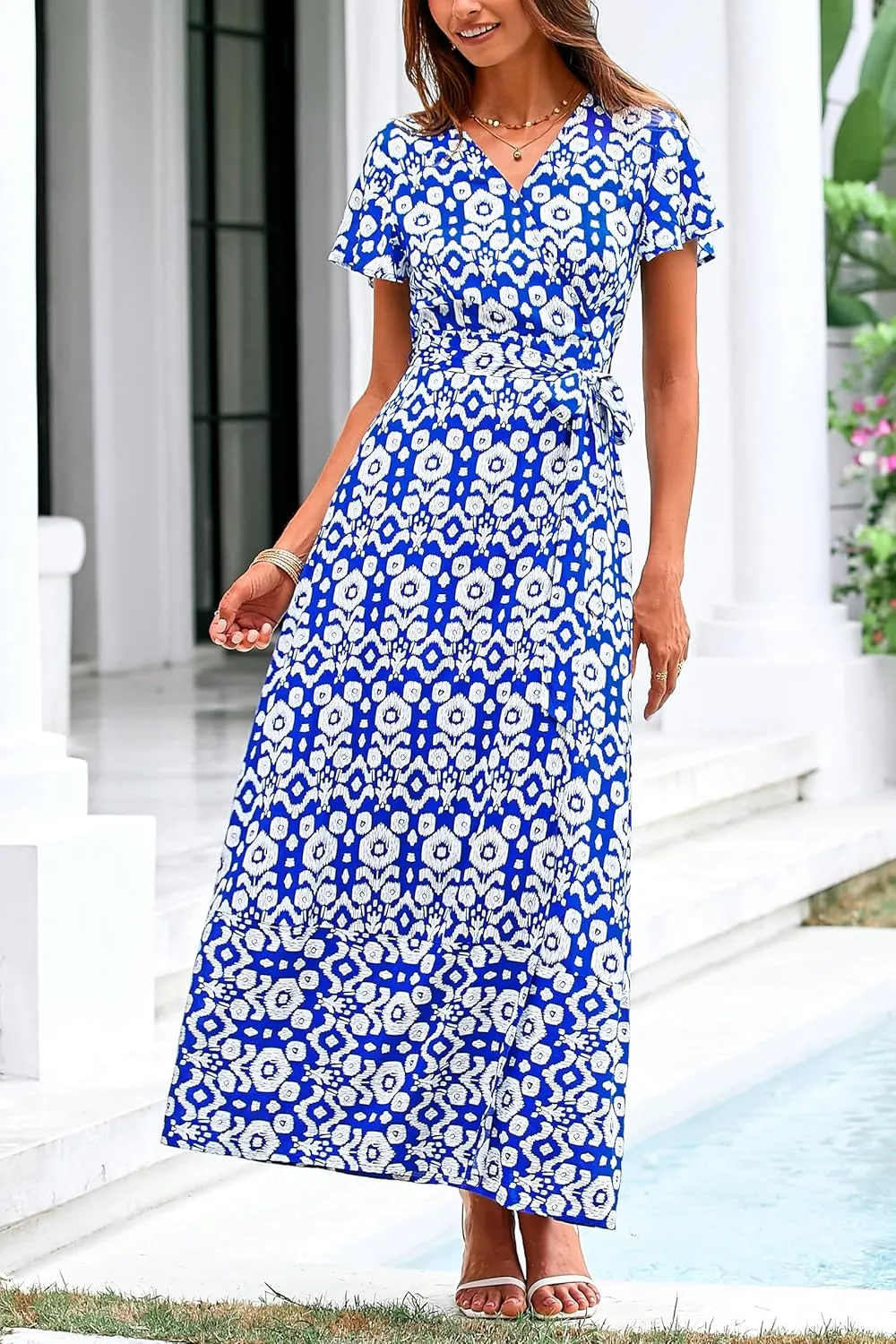 PRETTYGARDEN Women Boho Summer Side Split Deep V Neck Short Sleeves Maxi Dress with Belt
