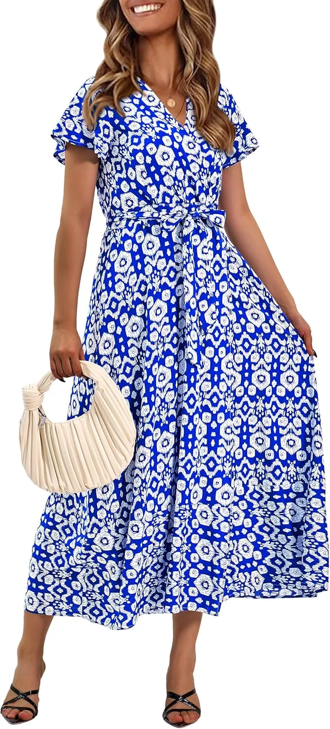 PRETTYGARDEN Women Boho Summer Side Split Deep V Neck Short Sleeves Maxi Dress with Belt