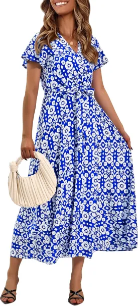 PRETTYGARDEN Women Boho Summer Side Split Deep V Neck Short Sleeves Maxi Dress with Belt