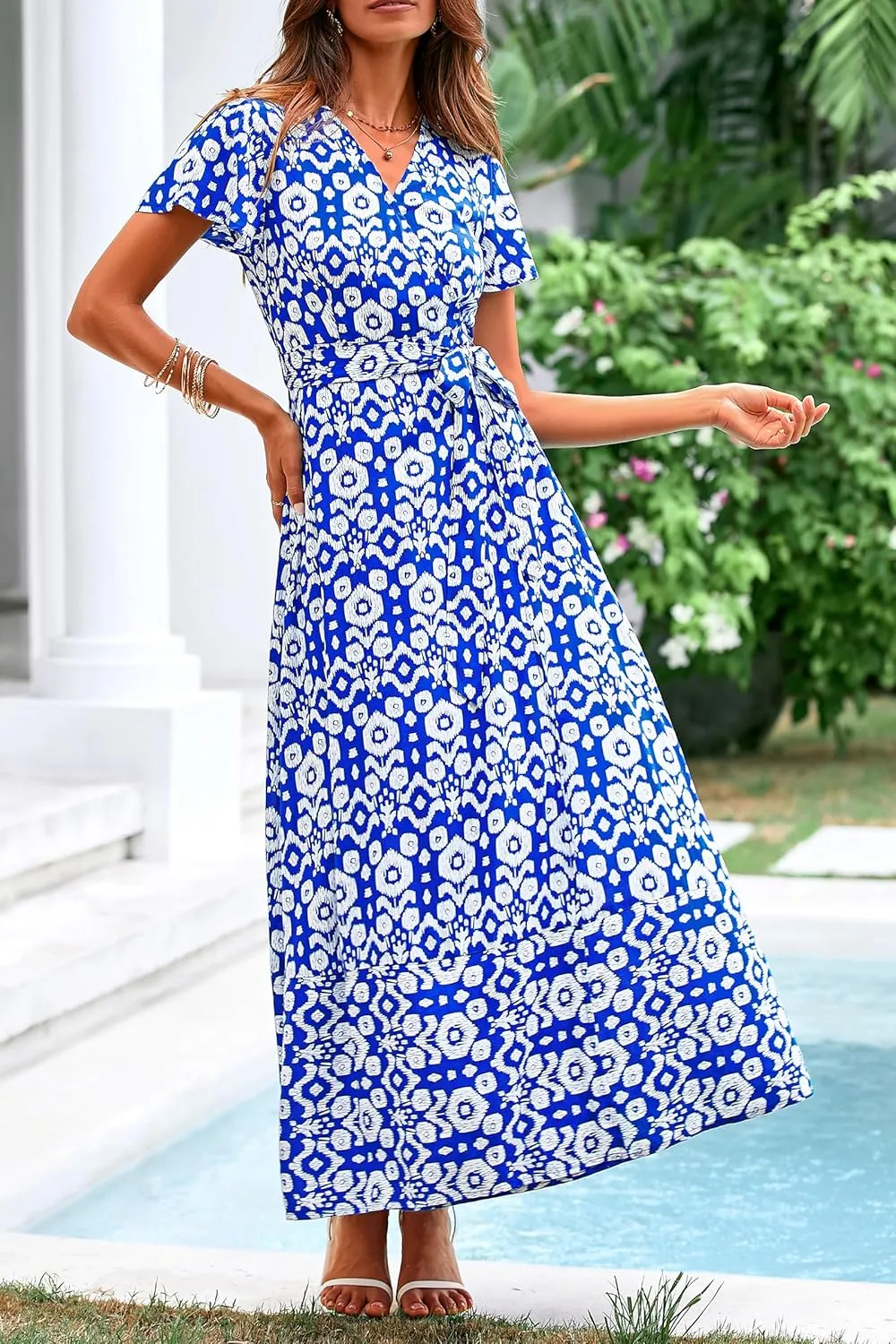 PRETTYGARDEN Women Boho Summer Side Split Deep V Neck Short Sleeves Maxi Dress with Belt