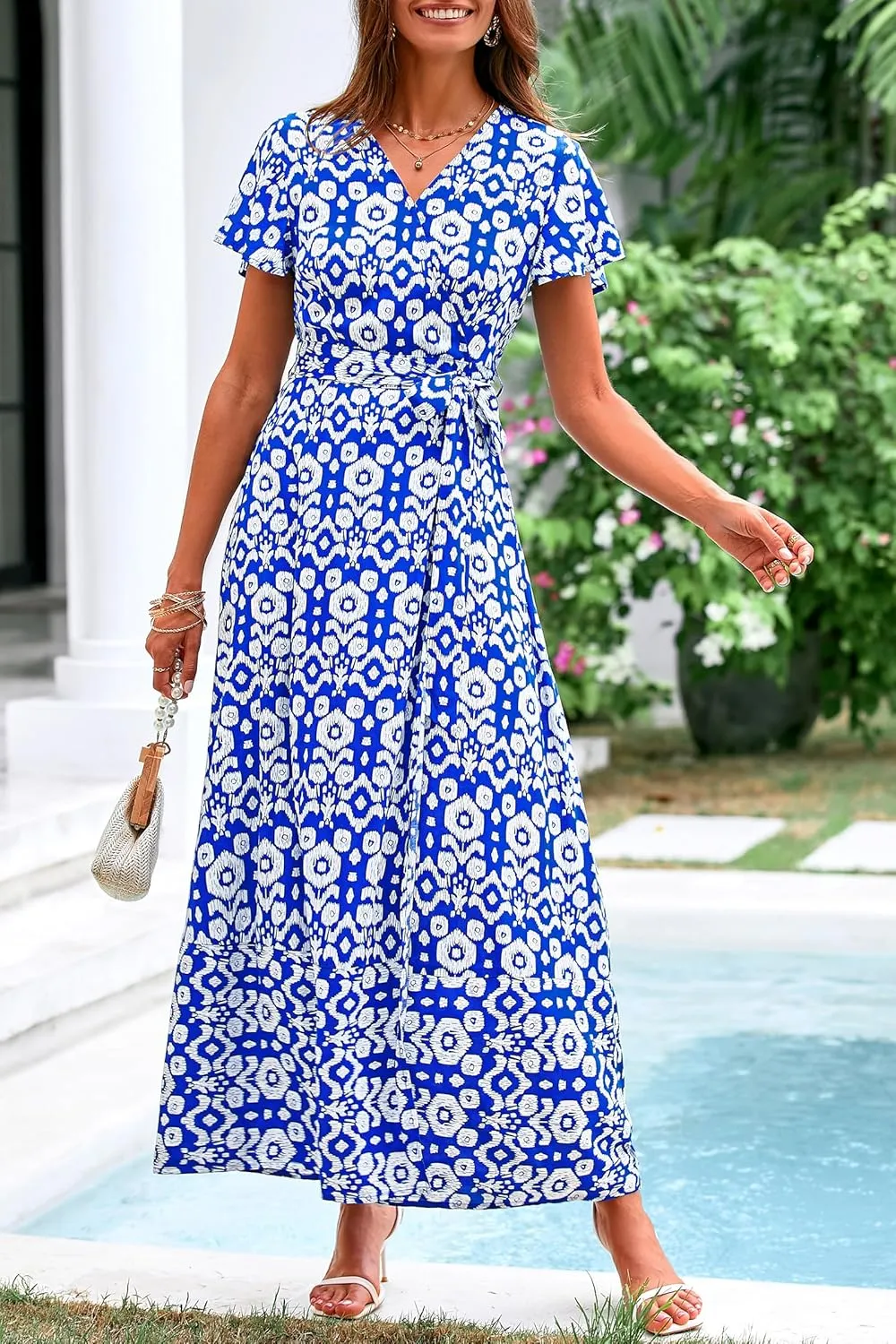 PRETTYGARDEN Women Boho Summer Side Split Deep V Neck Short Sleeves Maxi Dress with Belt