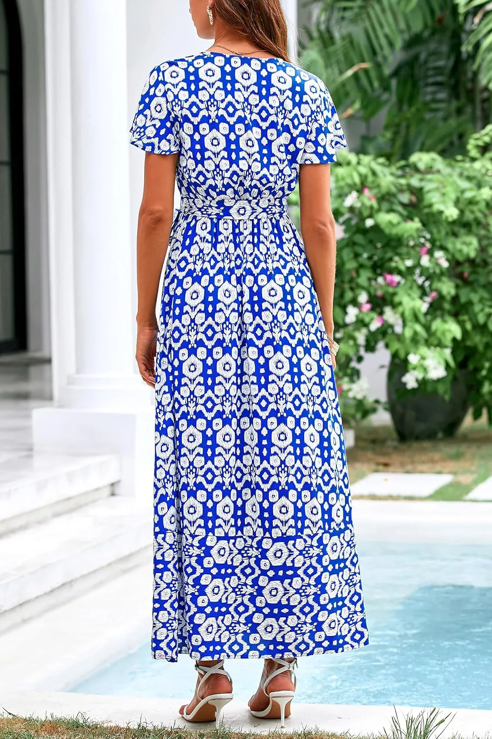 PRETTYGARDEN Women Boho Summer Side Split Deep V Neck Short Sleeves Maxi Dress with Belt