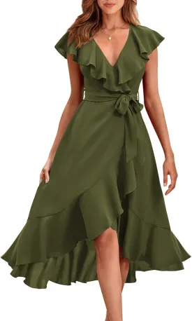 PRETTYGARDEN Women's 2025 Summer Cross Midi Dress Casual Boho Deep V Neck Short Sleeve Ruffle Hem Split Beach Long Dresses