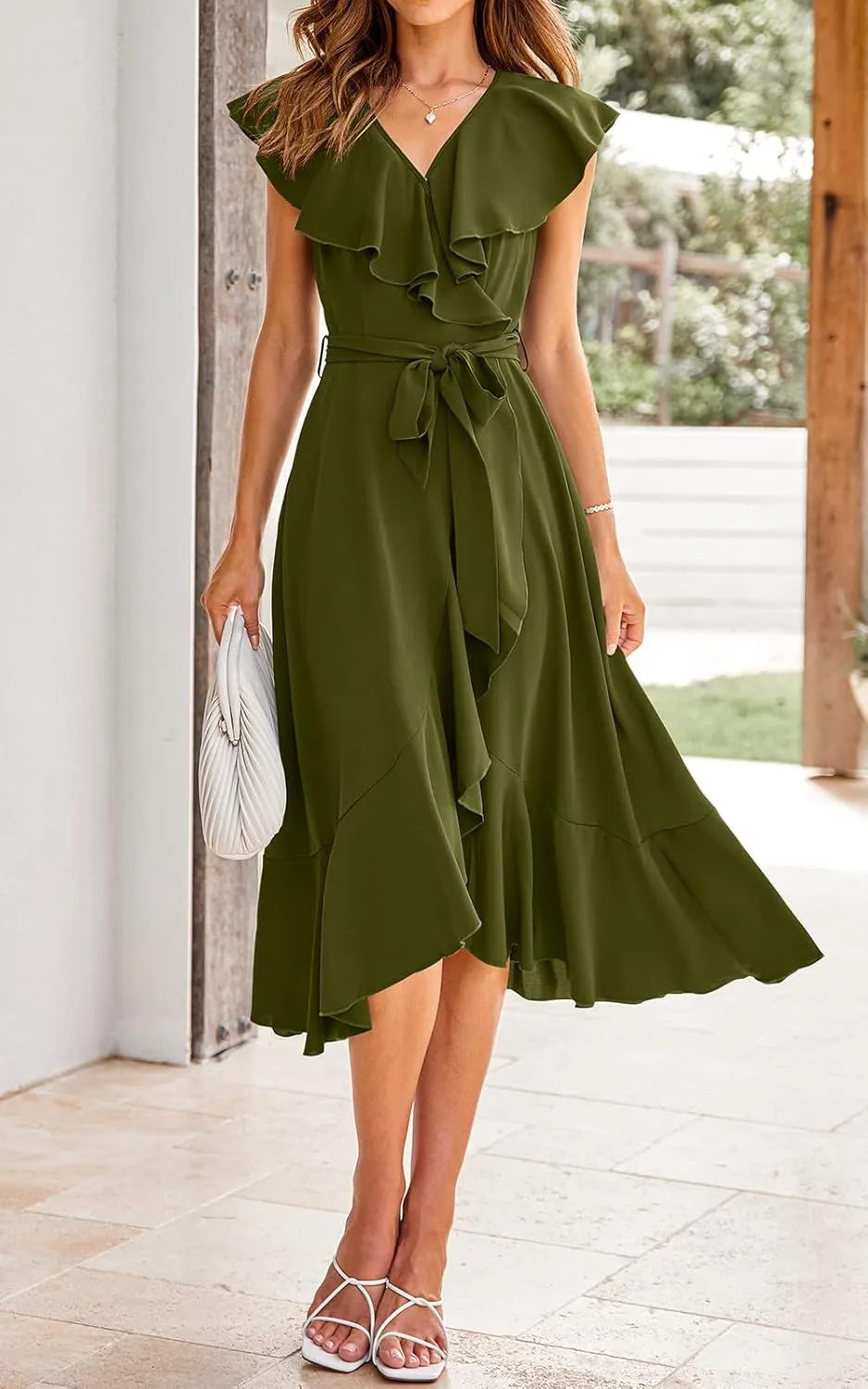 PRETTYGARDEN Women's 2025 Summer Cross Midi Dress Casual Boho Deep V Neck Short Sleeve Ruffle Hem Split Beach Long Dresses