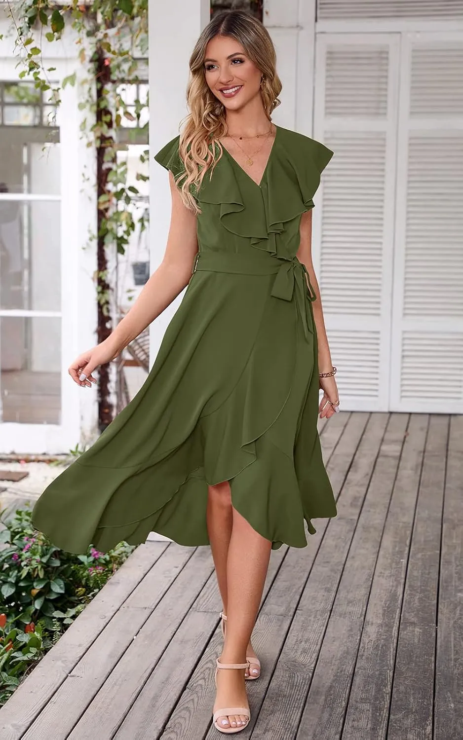 PRETTYGARDEN Women's 2025 Summer Cross Midi Dress Casual Boho Deep V Neck Short Sleeve Ruffle Hem Split Beach Long Dresses