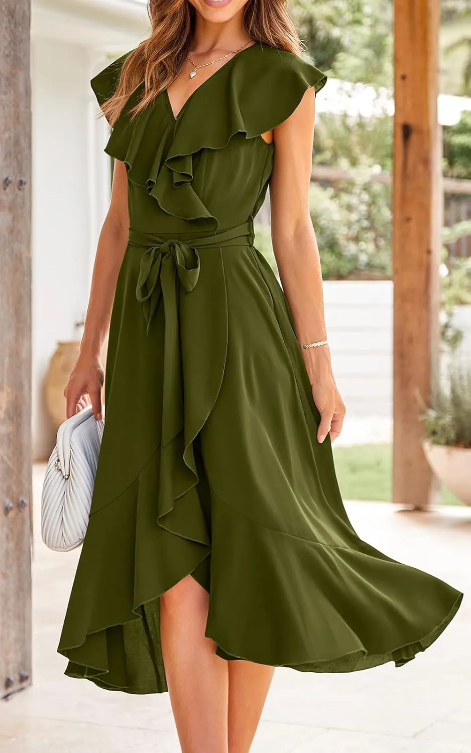PRETTYGARDEN Women's 2025 Summer Cross Midi Dress Casual Boho Deep V Neck Short Sleeve Ruffle Hem Split Beach Long Dresses