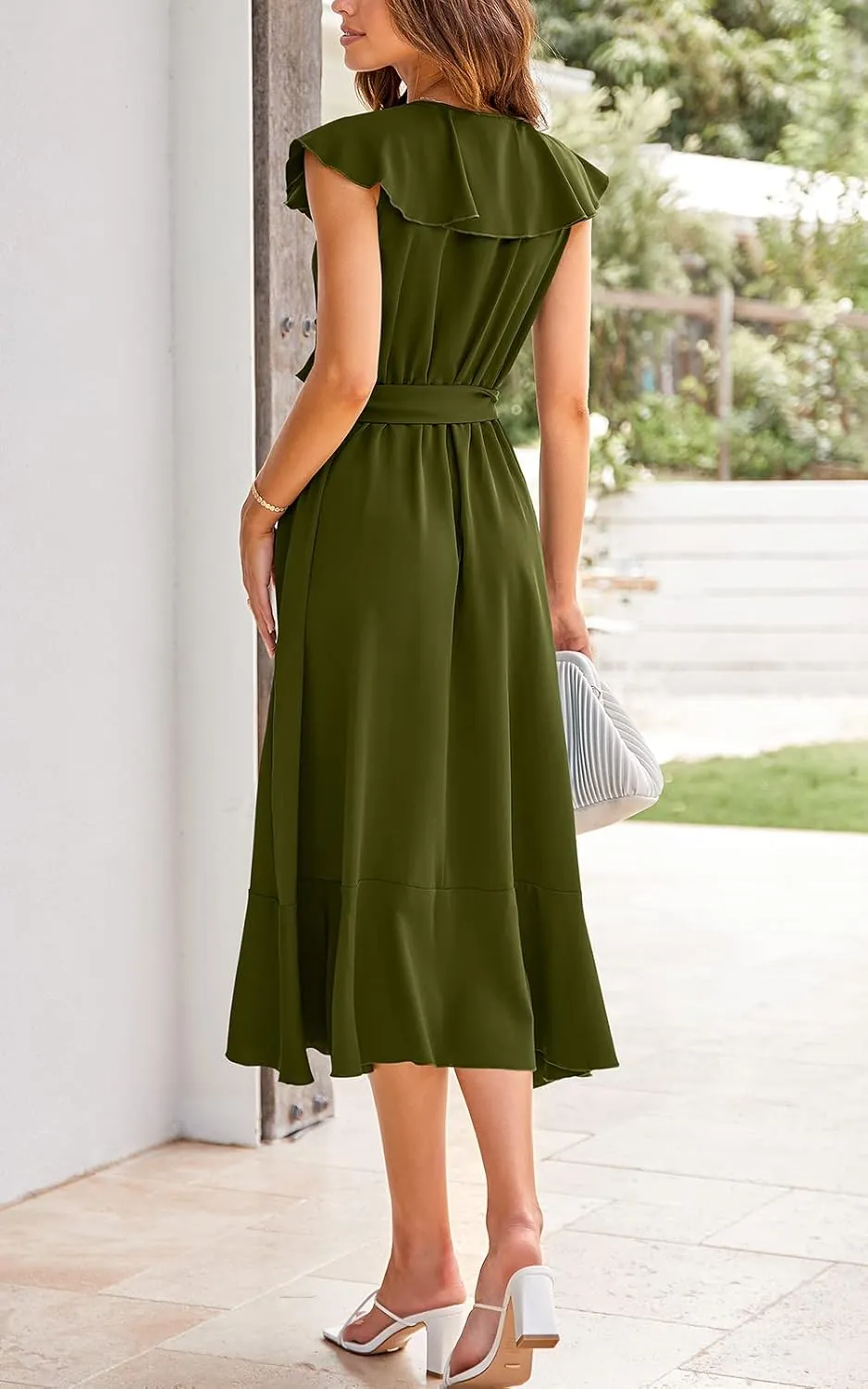 PRETTYGARDEN Women's 2025 Summer Cross Midi Dress Casual Boho Deep V Neck Short Sleeve Ruffle Hem Split Beach Long Dresses