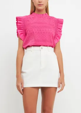 Ruffle Sleeve Pink Embroidered Top