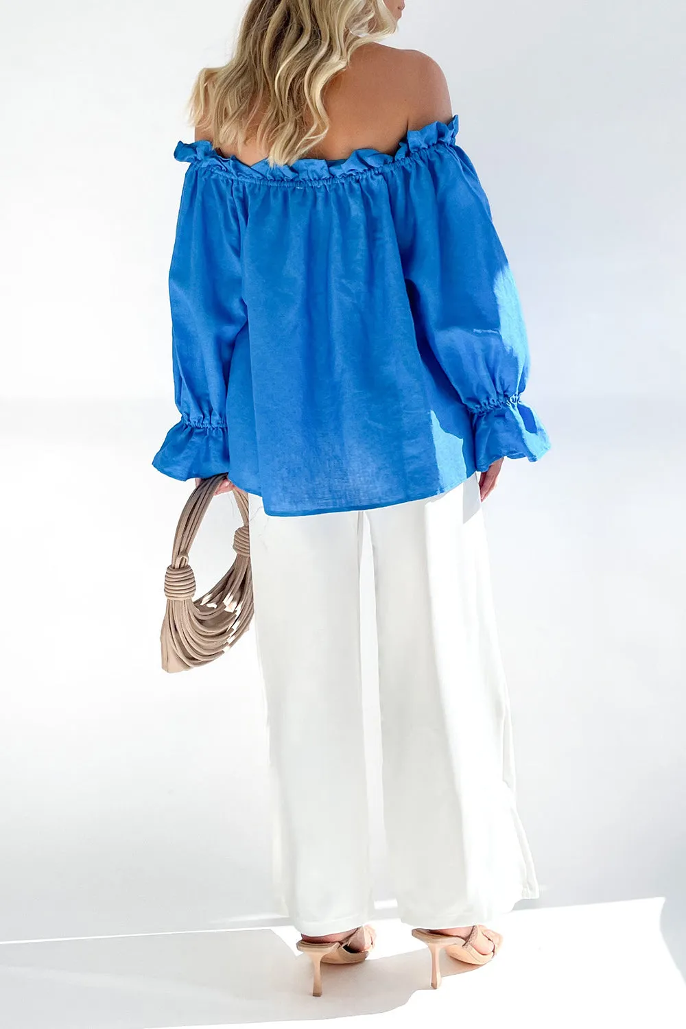 Ruffled Drawstring Off-Shoulder Flounce Sleeve Blouse  100% Cotton