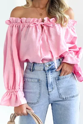 Ruffled Drawstring Off-Shoulder Flounce Sleeve Blouse  100% Cotton