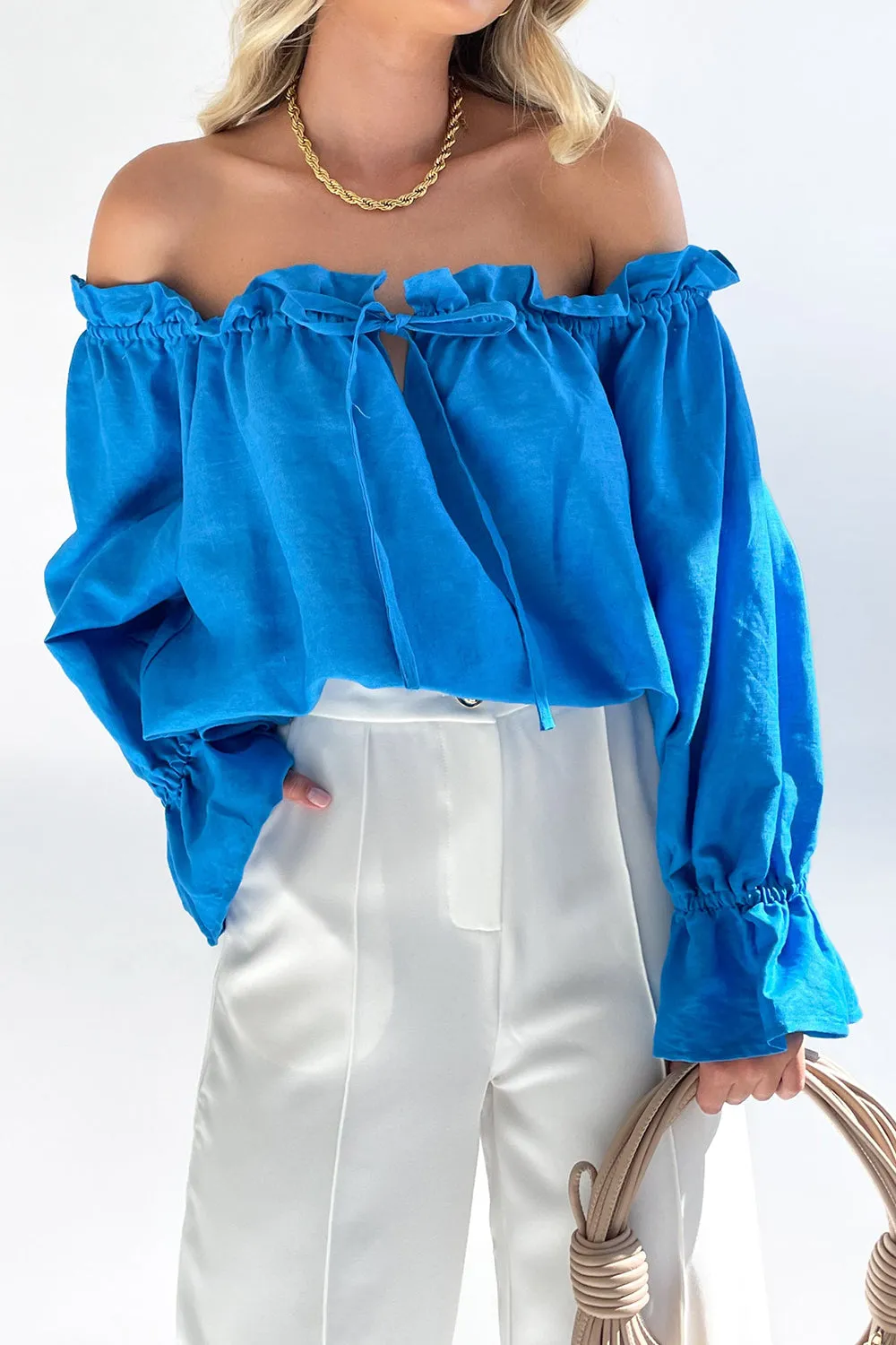 Ruffled Drawstring Off-Shoulder Flounce Sleeve Blouse  100% Cotton