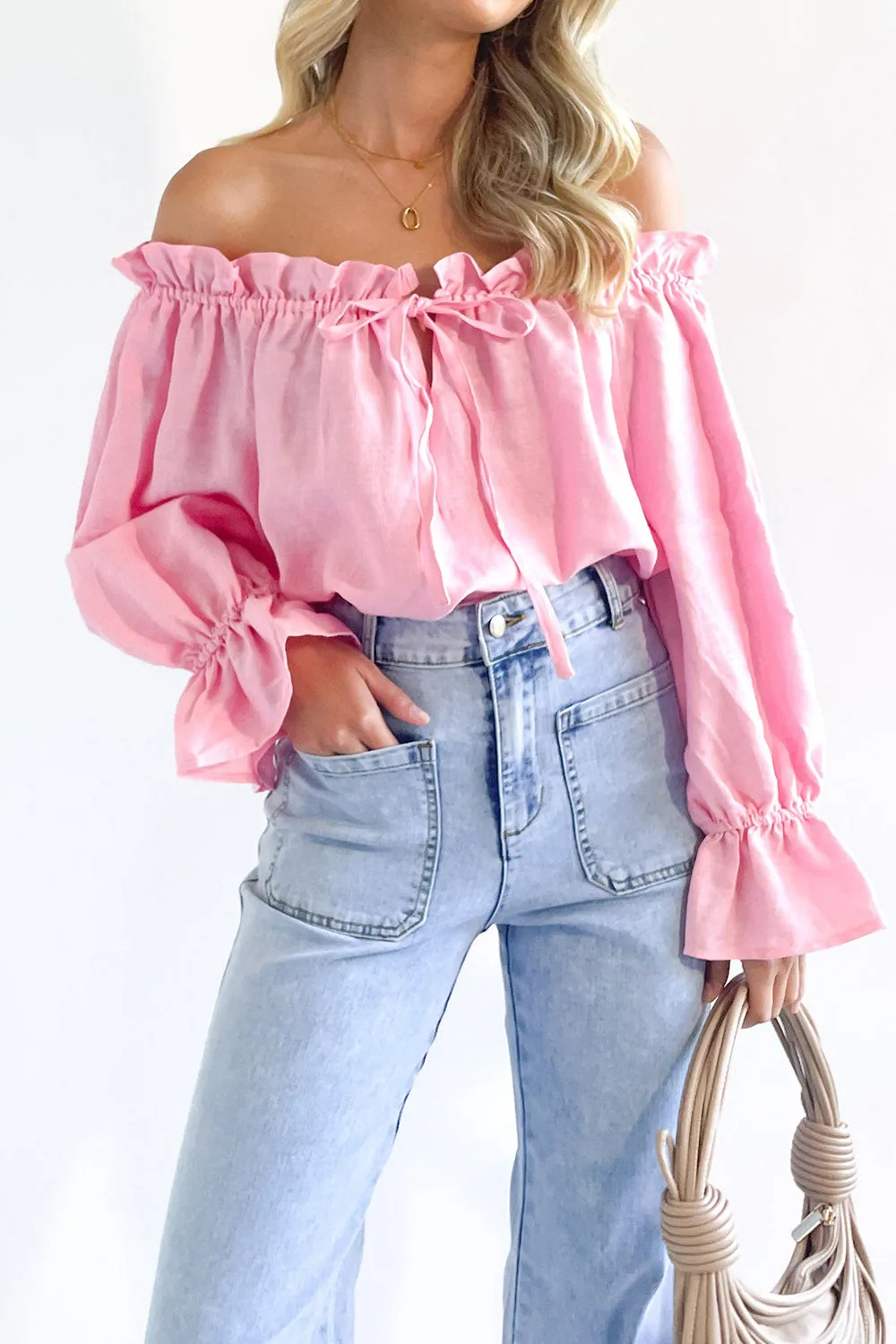 Ruffled Drawstring Off-Shoulder Flounce Sleeve Blouse  100% Cotton