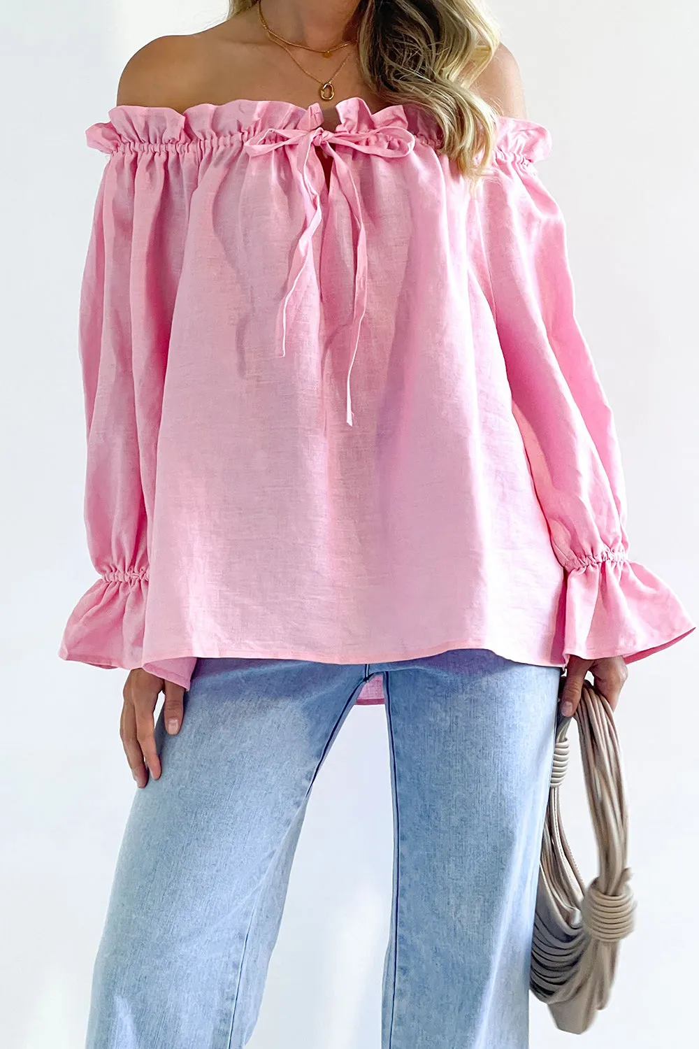 Ruffled Drawstring Off-Shoulder Flounce Sleeve Blouse  100% Cotton