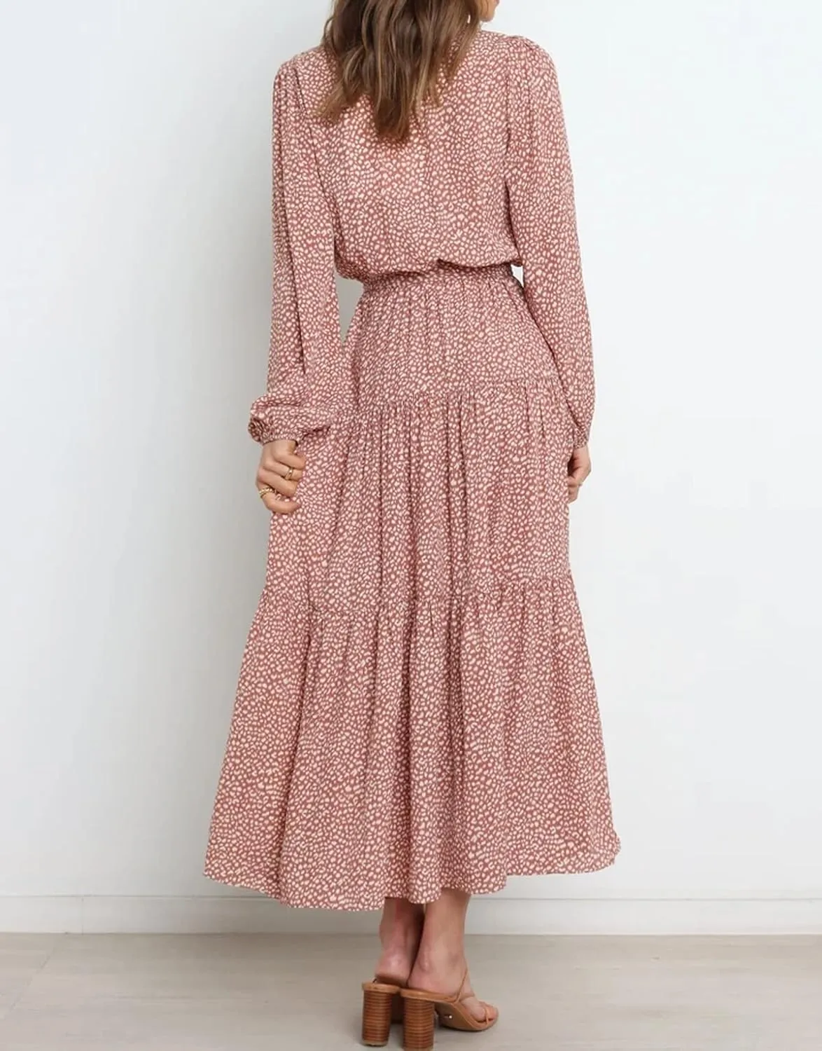 R.Vivimos Women's Fall Long Sleeve Casual Dresses Wrap V Neck Polka Dots Tiered Ruffle Flowy Midi Dress with Belt