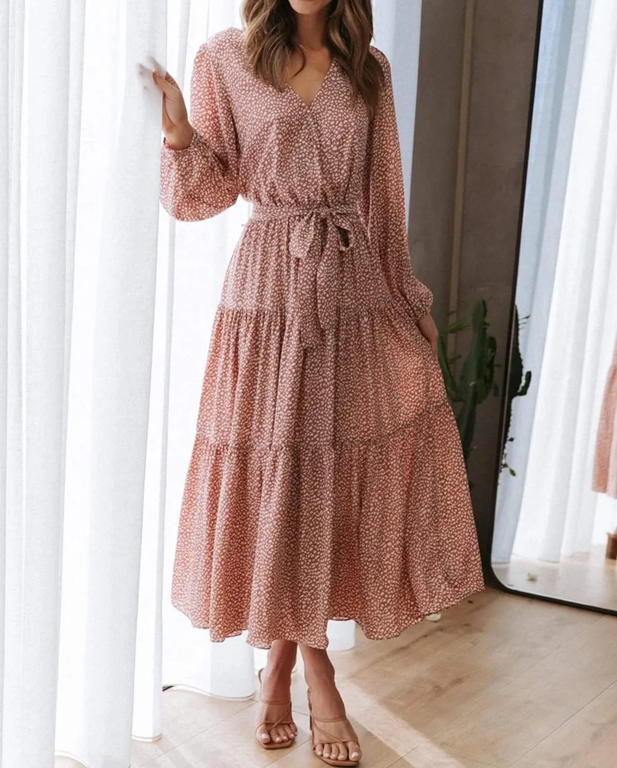 R.Vivimos Women's Fall Long Sleeve Casual Dresses Wrap V Neck Polka Dots Tiered Ruffle Flowy Midi Dress with Belt