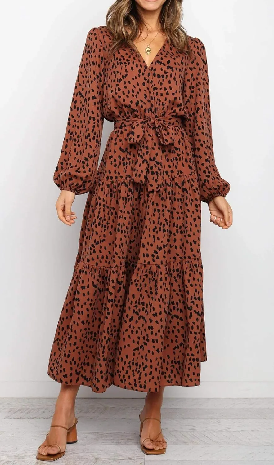 R.Vivimos Women's Fall Long Sleeve Casual Dresses Wrap V Neck Polka Dots Tiered Ruffle Flowy Midi Dress with Belt