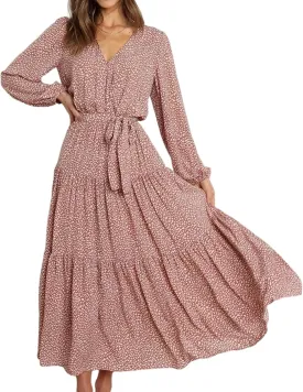 R.Vivimos Women's Fall Long Sleeve Casual Dresses Wrap V Neck Polka Dots Tiered Ruffle Flowy Midi Dress with Belt